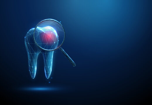 3d tooth under magnifying glass with red spot inside. Dental pain, toothache, cavity identification, caries detection, enamel damage, detailed clinical examination concept.