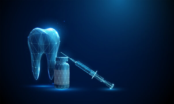 3d tooth with medicine bottle and syringe. Dental treatment, injectable therapy, local anesthesia, medical intervention, pharmacological support, infection control concept.