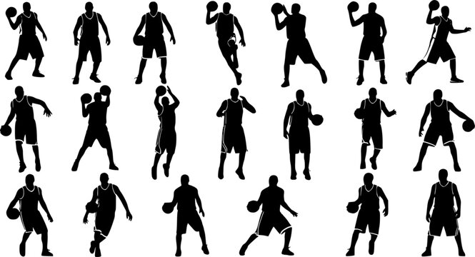 Silhouette vector illustration of basketball players performing slam dunks, dribbling, shooting, jumping, passing, playing game action, sports training, athletic movement, teamwork design