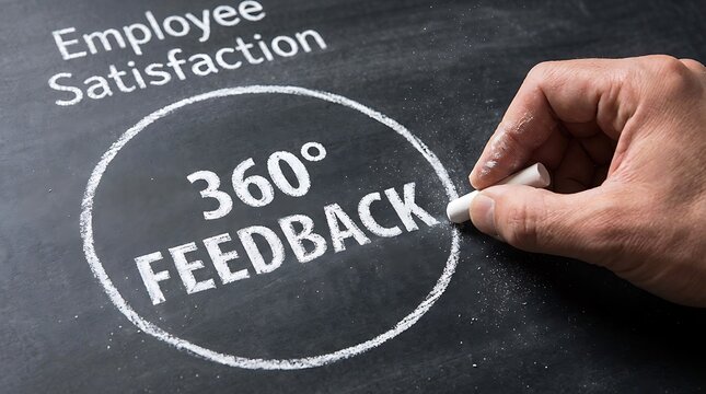 Employee satisfaction 360 feedback concept drawn on chalkboard representing performance review and evaluation system