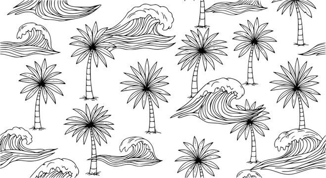 seamless pattern with palms and sea waves vector