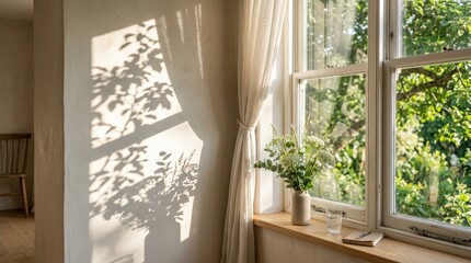 Fototapeta premium A window and tree branch shadow with soft blur on transparency, dappled summer sunlight and elegant natural gradients, airy interior atmosphere, ultra-realistic, no logos.