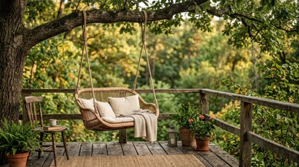 Fototapeta premium An old wooden terrace with a wicker swing hanging from a tree, soft blurred nature behind, warm rustic charm, peaceful outdoor atmosphere, ultra-realistic, no logos.
