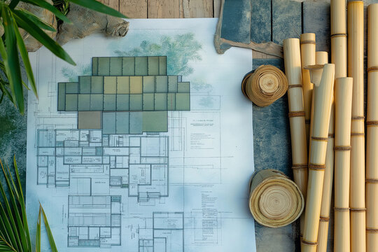 Detailed view of eco-friendly construction blueprints with annotations, alongside samples of bamboo, recycled materials, and green roofing concepts 