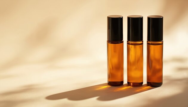 Three amber glass roll on bottles with black caps arranged on light beige background. Natural sunlight casts long shadows, dappled leaf patterns across surface. Containers hold clear amber liquid,