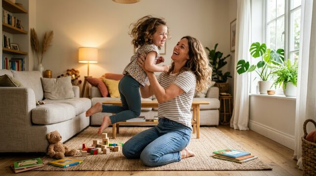 A mother and child playing together in a sunny home, warm interior, gentle shadows, candid movement and affectionate joyful atmosphere, ultra-realistic, no logos.