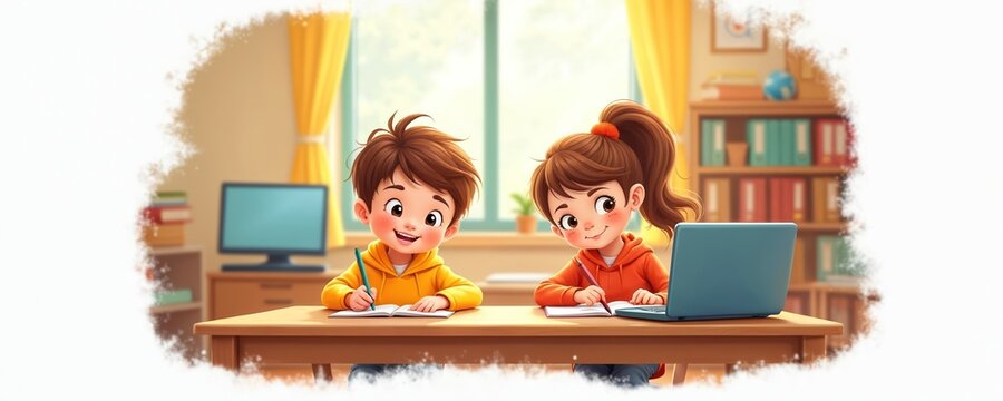 Boy and girl study at desk with laptops in classroom. Children write in notebooks, use computer for homework. Friends learn together, happy kids enjoy academic activity, share knowledge, do project.