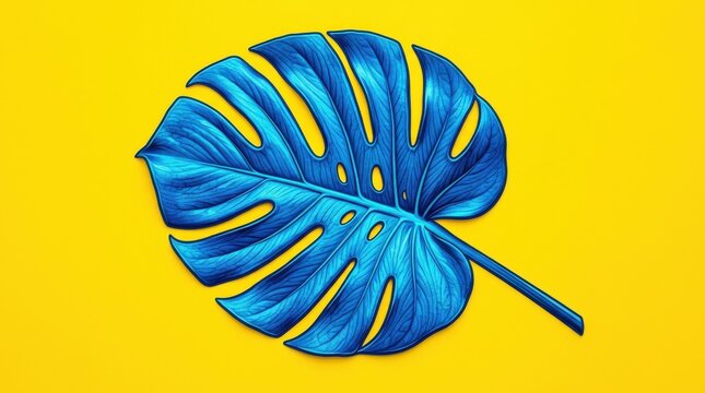 A vibrant blue leaf on a bright yellow background, striking color contrast and bold modern pop-art botanical style, ultra-realistic, no logos.
