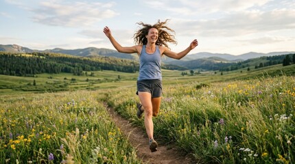 Fototapeta premium A joyful woman running in nature, flowing motion, open meadow, fresh air, exuberant and free atmosphere, ultra-realistic, no logos.