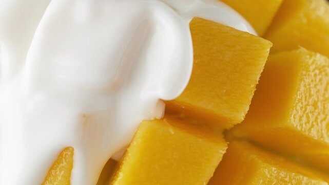 Pouring Yogurt Over Sliced Hedgehog Mango &ndash; Slow Motion Tropical Dessert Concept