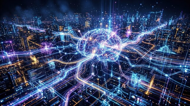 Dynamic big data and AI analytics scene with generative systems, deep learning, machine learning, and neural innovation, abstract futuristic composition, electric glow, photorealistic,no logos