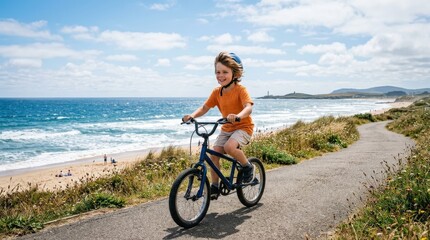 Fototapeta premium A young boy riding a bicycle by the seaside in an orange T-shirt on a sunny day, ocean breeze, bright sky, carefree childhood summer mood, ultra-realistic, no logos.
