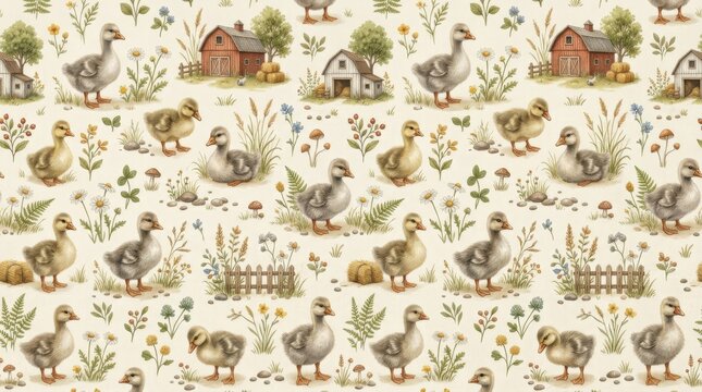 A seamless children&rsquo;s pattern with a cute goose bird, soft feather texture and light whimsical farm charm, ultra-realistic, no logos.