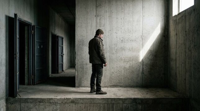 A man standing before a solid wall after passing two open doors on a raised platform, stark minimalist setting, muted tones, dramatic side light and a tense atmosphere of stagnation and strategic dead