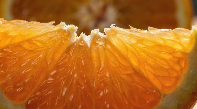 Macro close-up of juicy blood orange slice with glowing translucent pulp and droplets. Fresh citrus texture in warm light, healthy food and vitamin concept.