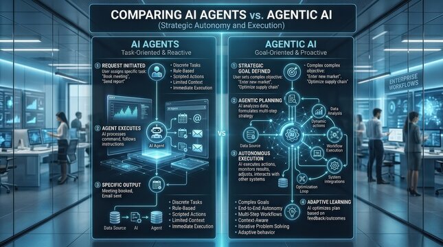 A polished comparison of AI agents versus agentic AI, visualized as a photorealistic technology infographic with layered business workflows, balanced composition, cool enterprise lighting,