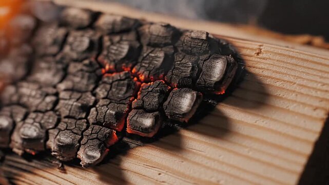 Burnt wood with glowing embers on a wooden surface.
