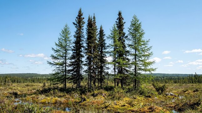 Black spruce and tamarack set with conifer silhouettes and clear daylight detail, isolated northern tree composition with fresh outdoor realism, ultra-realistic, no logos.