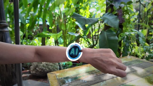 AI chatbot on a sleek smartwatch. Features a glowing digital interface, voice-to-text processing, and real-time AI responses.