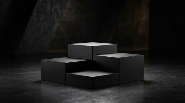A modern minimal black podium with boxy pedestal shapes on a dark background, dramatic product showcase lighting, luxurious atmosphere, ultra-realistic, no logos.