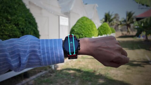 AI chatbot on a sleek smartwatch. Features a glowing digital interface, voice-to-text processing, and real-time AI responses.