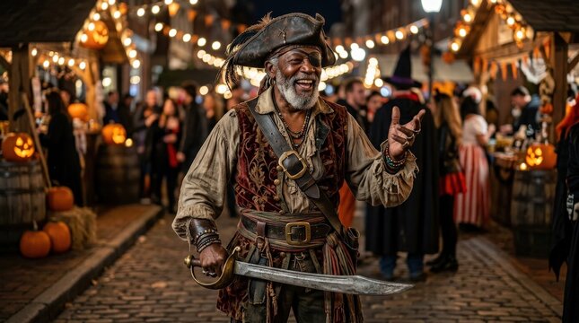 An African American senior man dressed as a pirate with sword and eyepatch, expressive pose, textured costume details, adventurous Halloween spirit, ultra-realistic, no logos.
