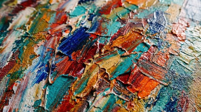 A close-up abstract oil surface with multicolored rough brush texture, thick pigment layers and palette-knife depth, bold expressive color field, ultra-realistic, no logos.