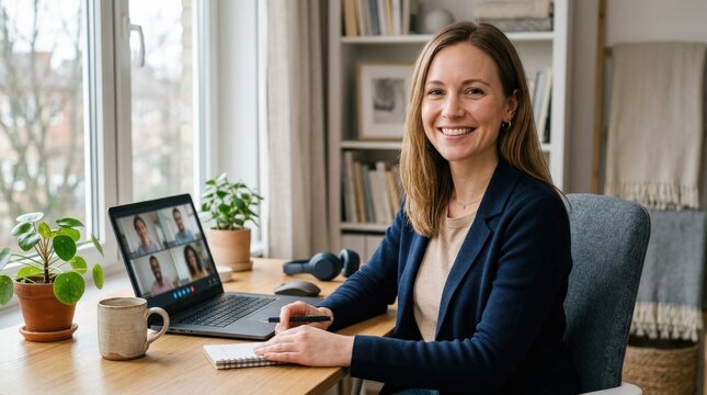 A smiling woman in a smart casual business setting on a laptop video call, seated at a tidy desk with a ceramic mug, soft window light, muted neutrals, subtle screen glow on her face, relaxed and