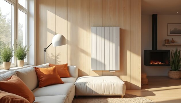 Modern white radiator heats living room with sofa and fireplace. Natural light streams through windows, creating a warm, cozy atmosphere. Sleek design complements contemporary home interiors.
