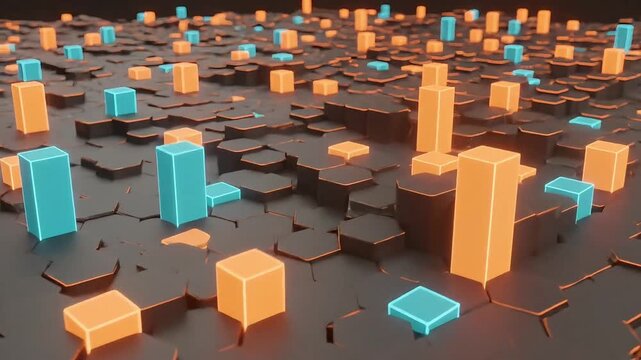 Futuristic digital data network with glowing hexagon grid and 3 D bar graph illustrating big data