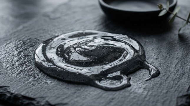 A dark grey transparent viscous gel puddle on a matching background, glossy charcoal depth and purifying skincare atmosphere, ultra-realistic, no logos.