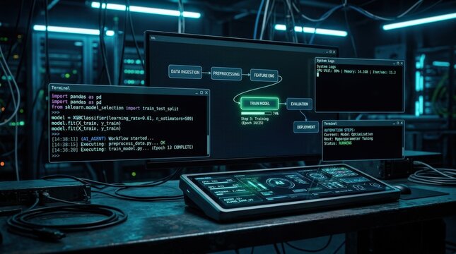 A close-up AI agent workflow with code input and automation steps for a machine learning system, terminal windows, connected modules, sleek digital control panel, cool neon light, ultra-realistic, no