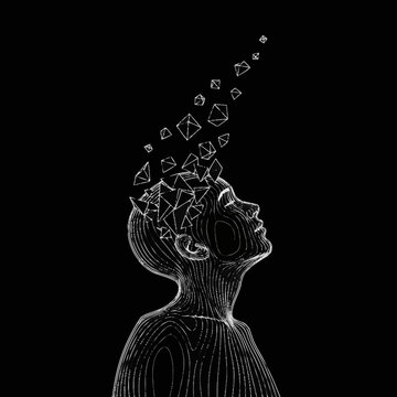 Abstract illustration of a human head with geometric shapes exploding upwards.