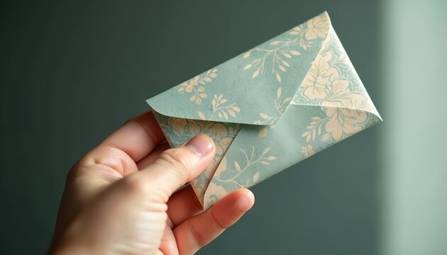 Hand holds decorative envelope with floral pattern. Small gift package for money or card. Recipient gets Eidi present. Paper offering holds currency. Celebration paper gift.
