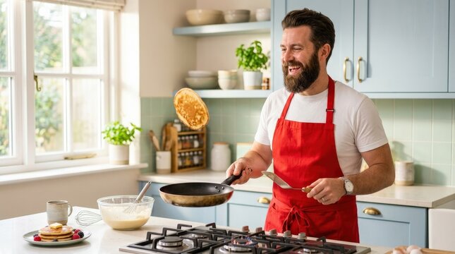 A smiling bearded man in a white t-shirt and red apron flipping pancakes in his kitchen, bright morning light, playful cooking energy and clean pastel surroundings, ultra-realistic, no logos.