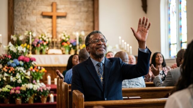 An African American man praising with closed eyes during Easter worship, soft light on his face, flowers and cross behind him, heartfelt spiritual atmosphere, ultra-realistic, no logos.