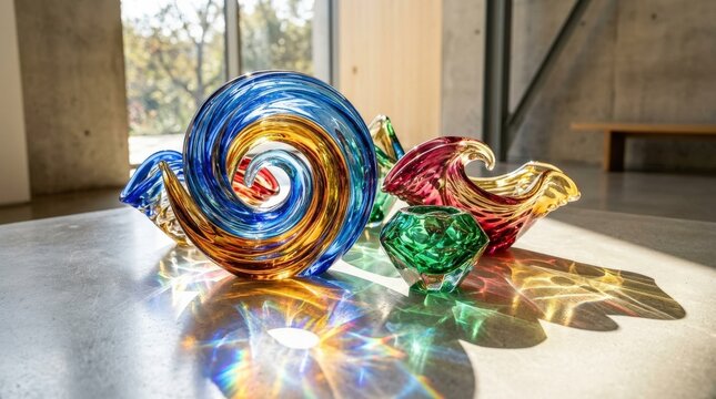 Colorful glass forms with bright caustic light patterns, polished transparency, luminous modern atmosphere, ultra-realistic, no logos.