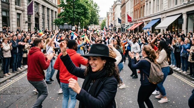 Black hat highlighted against a lively city street flash mob scene, dancing crowd in soft motion behind it, festive public performance atmosphere and urban energy captured in a stylish documentary