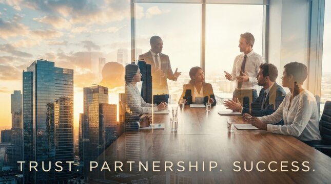 A corporate group meeting blended with a city office skyline in a refined double-exposure composition, executives and staff in discussion, layered glass towers, sunrise glow and subtle silhouettes