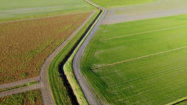 Aerial view of green agricultural fields and a narrow rural road with a drainage ditch in Mont Saint-Michel, Normandy, France.