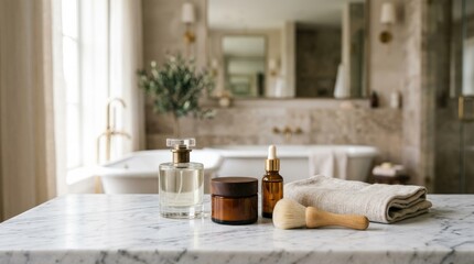 Fototapeta premium Luxury product-display scene with a marble tabletop in the foreground and a softly blurred elegant bathroom interior behind, clean presentation montage with premium stone surface and airy decor depth,