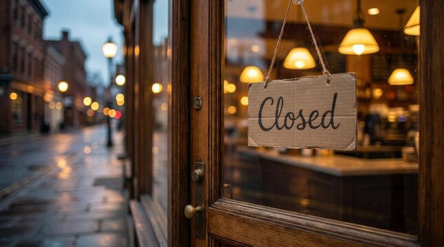 Closed sign hanging on restaurant door glass, soft reflections of street and warm tones, quiet urban storefront atmosphere, shallow depth of field, photorealistic detail, shot on Nikon Z7 II,no logos