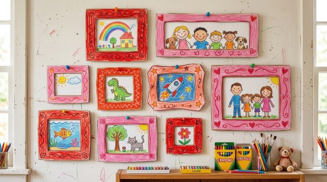 A children&rsquo;s crayon frame set with square and rectangle borders, irregular red and pink pastel boxes with playful hand-drawn photo-frame charm, ultra-realistic, no logos.