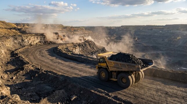 Open pit mine industry, big yellow mining truck for coal anthracite, mine, open, coal, truck, anthracite, yellow, industry, black, photorealistic extractive industry scene, vast scale and rugged