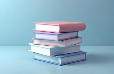 Fototapeta premium Stack of five pastel colored books rests on a light blue surface. Open book pages show clean white paper, covers vary in pink, purple, and blue hues.