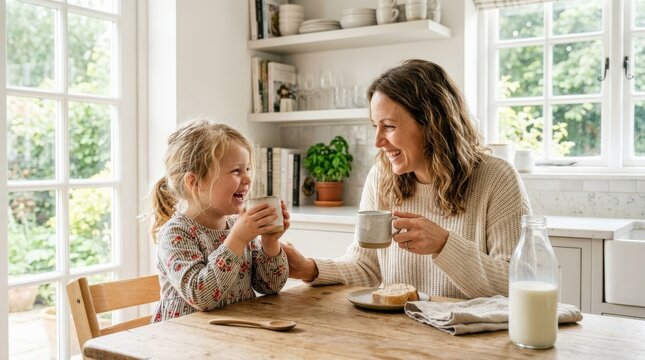 Happy mother and little daughter sharing cups of milk in a bright home kitchen, playful laughter, morning light, clean interior and warm family togetherness with a wholesome domestic feel,