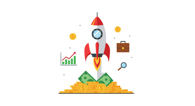 Sleek rocket ship ascends from a large pile of paper money and coins accompanied by a briefcase and a rising bar chart on a clean white studio background.