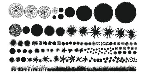 A comprehensive collection of black and white top-down tree and shrub icons for architectural plans ©  Designer