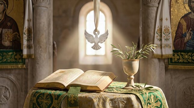 Orthodox holy spirit monday observance displaying a sacred open religious text, symbolic dove, fresh green olive branches in a ceremonial cup, traditional church interior setting.