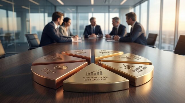 Golden pie chart segments laid across a meeting room table, representing market share, financial data, and business analysis, blurred executives in the background suggesting collaboration and